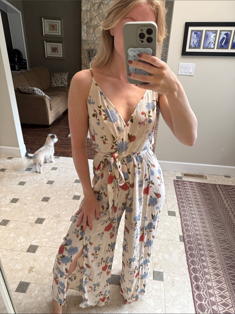 Floral Tie-Waist Wide-Leg Jumpsuit - Cream with Blue & Red Flowers